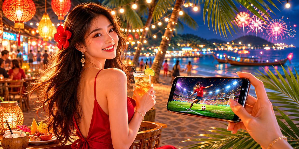 Người dùng xem kèo bóng đá tại chợ đêm Phú Quốc trên điện thoại